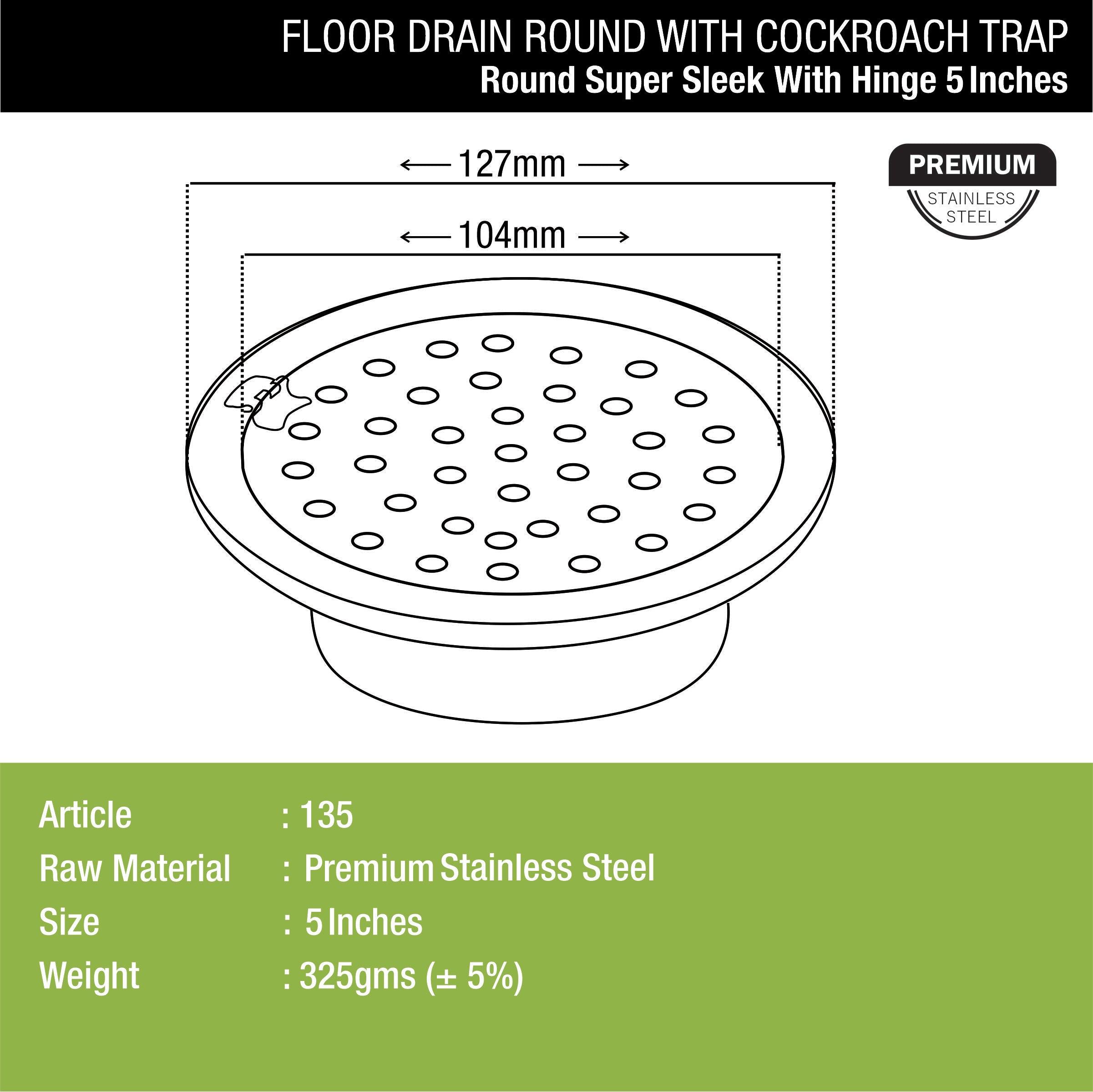 Super Sleek Round Floor Drain (5 inches) with Hinge and Cockroach Trap - LIPKA - Lipka Home