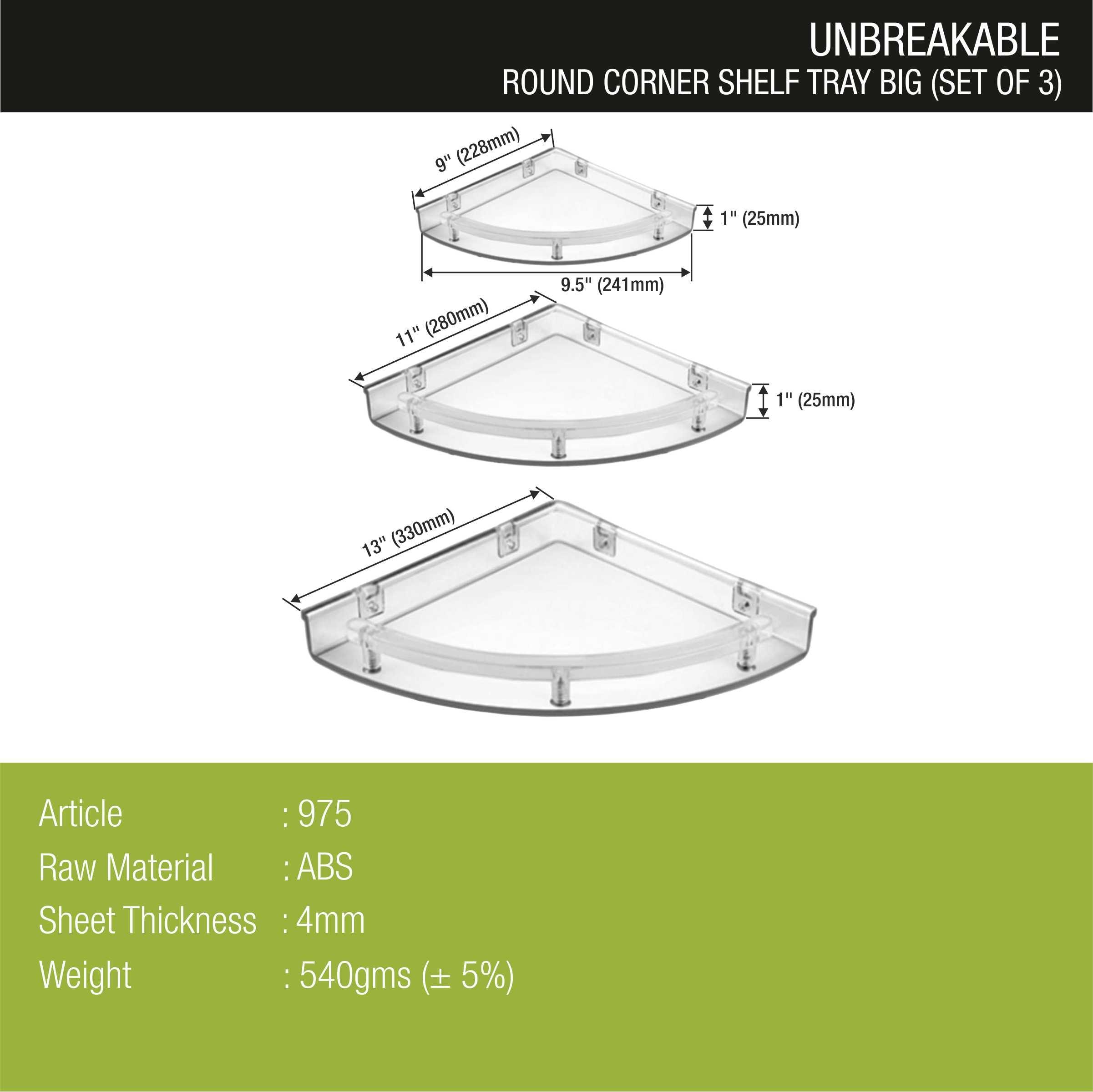 Round Large ABS Corner Shelf Tray (Set of 3) dimensions and sizes
