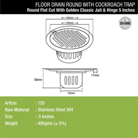 Golden Classic Jali Round Flat Cut Floor Drain (5 Inches) with Hinge and Cockroach Trap - LIPKA - Lipka Home