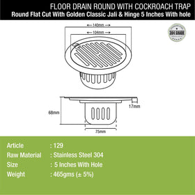 Golden Classic Jali Round Flat Cut Floor Drain (5 Inches) with Hinge, Hole and Cockroach Trap - LIPKA - Lipka Home
