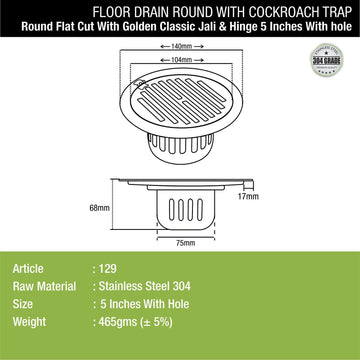 Golden Classic Jali Round Flat Cut Floor Drain (5 Inches) with Hinge, Hole and Cockroach Trap - LIPKA - Lipka Home
