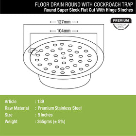 Super Sleek Round Flat Cut Floor Drain (5 Inches) with Hinge and Cockroach Trap - LIPKA - Lipka Home