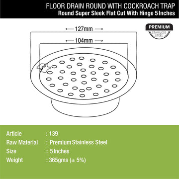 Super Sleek Round Flat Cut Floor Drain (5 Inches) with Hinge and Cockroach Trap - LIPKA - Lipka Home