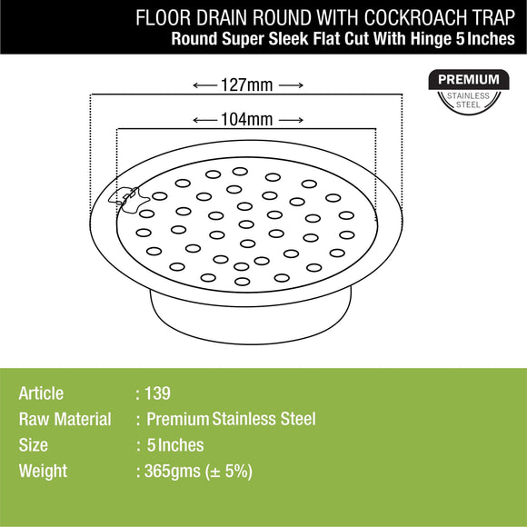 Super Sleek Round Flat Cut Floor Drain (5 Inches) with Hinge and Cockroach Trap - LIPKA - Lipka Home