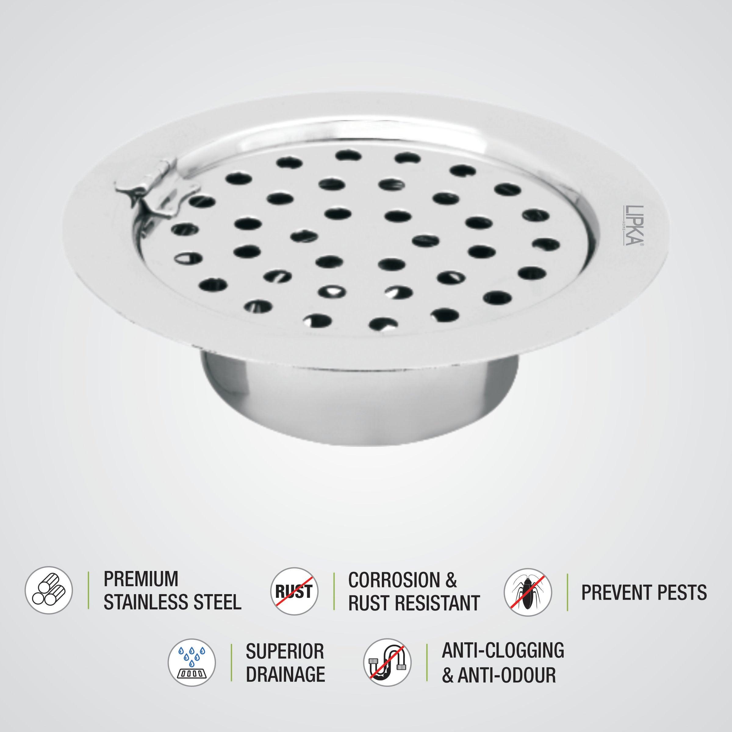 Super Sleek Round Flat Cut Floor Drain (5 Inches) with Hinge and Cockroach Trap - LIPKA