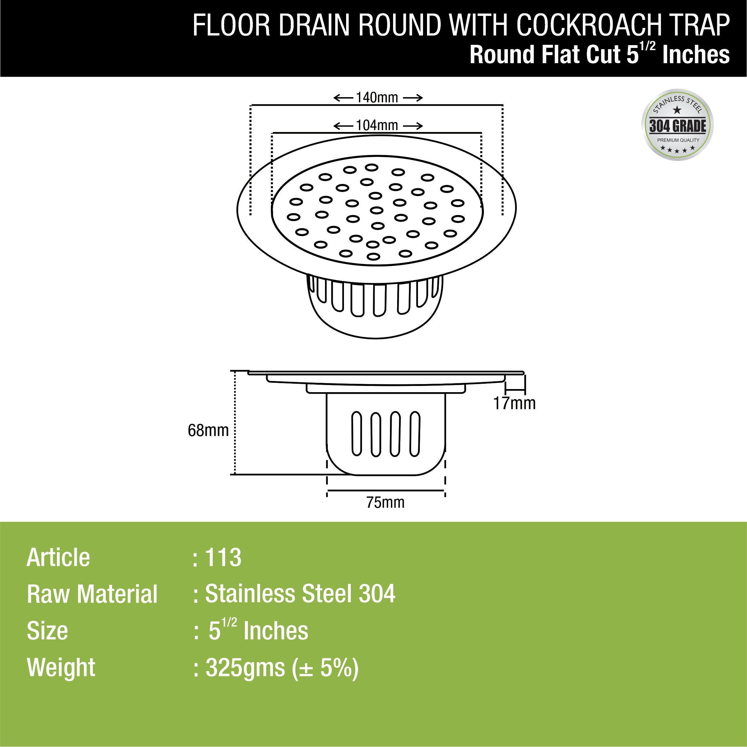 Round Flat Cut Floor Drain (5.5 inches) with Cockroach Trap dimensions and sizes