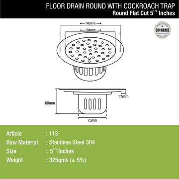Round Flat Cut Floor Drain (5.5 inches) with Cockroach Trap - LIPKA - Lipka Home