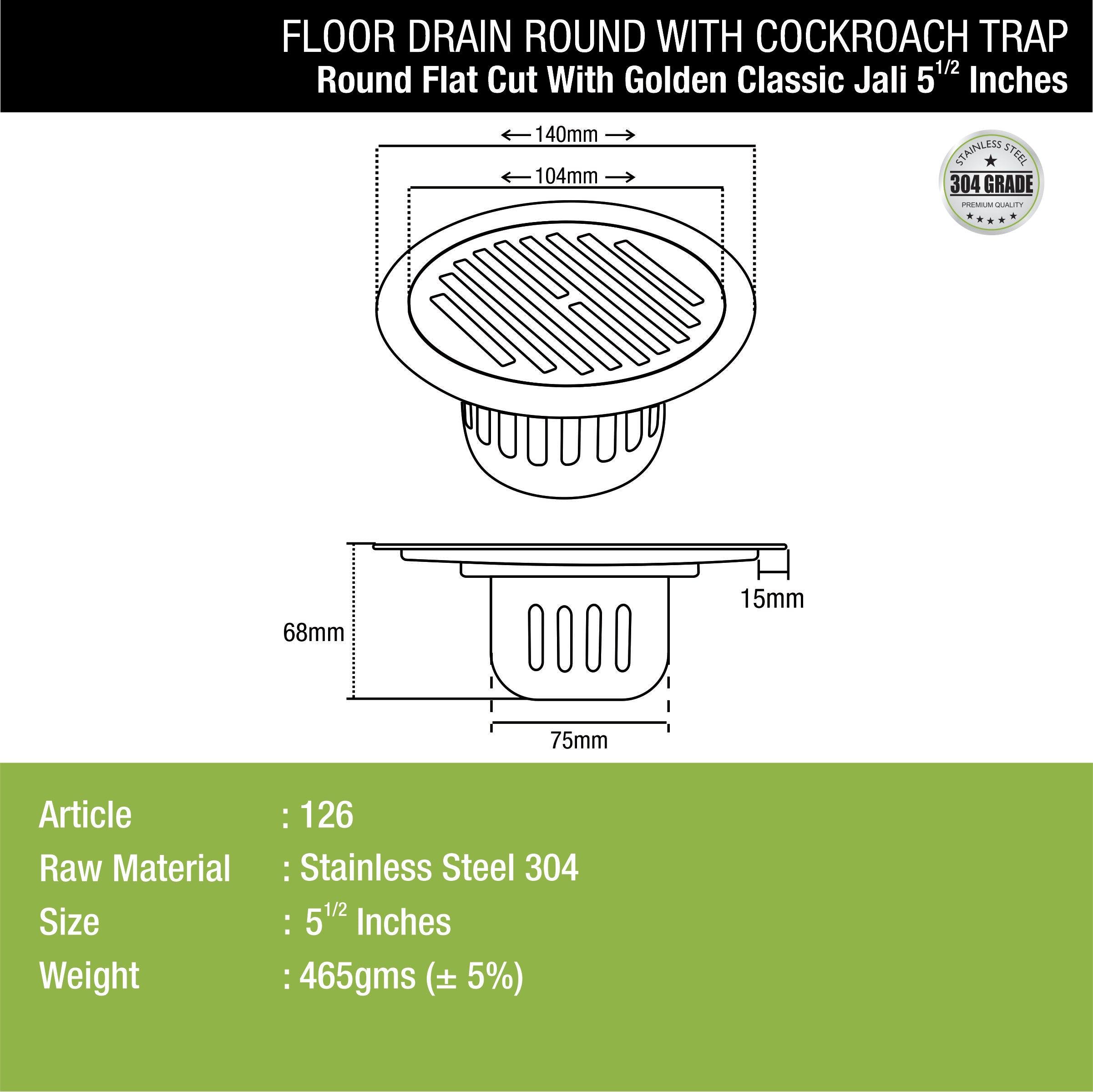 Golden Classic Jali Round Flat Cut Floor Drain (5.5 inches) with Cockroach Trap dimensions and sizes