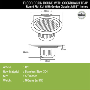 Golden Classic Jali Round Flat Cut Floor Drain (5.5 inches) with Cockroach Trap - LIPKA - Lipka Home