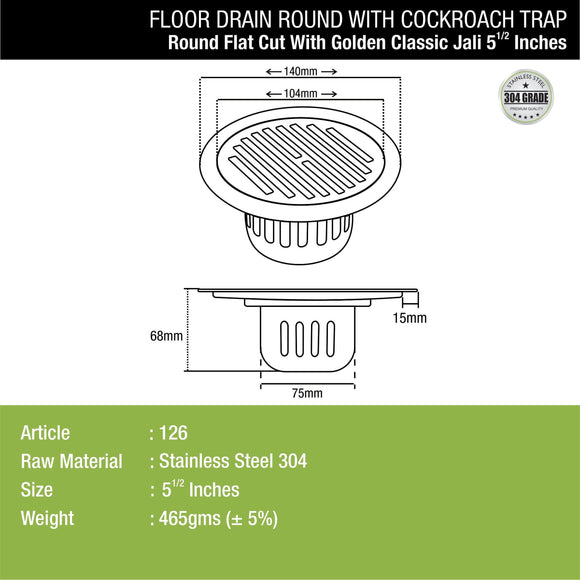 Golden Classic Jali Round Flat Cut Floor Drain (5.5 inches) with Cockroach Trap - LIPKA - Lipka Home