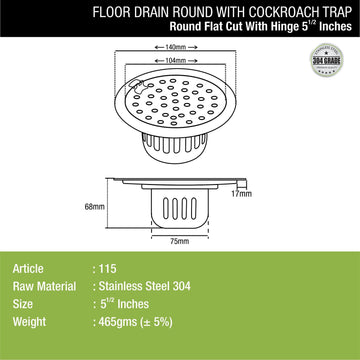 Round Flat Cut Floor Drain (5.5 inches) with Hinge & Cockroach Trap - LIPKA - Lipka Home