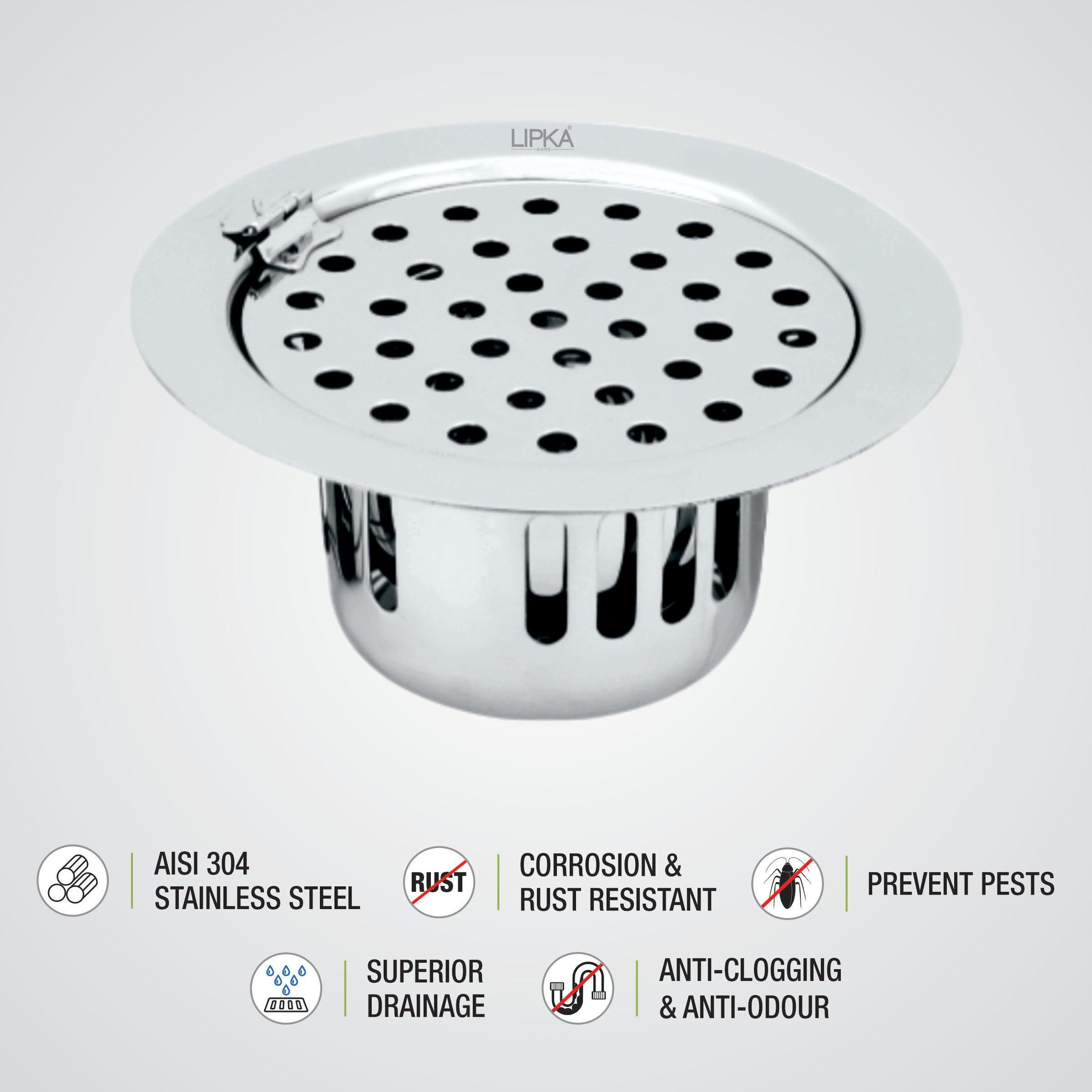 Round Flat Cut Floor Drain (5.5 inches) with Hinge & Cockroach Trap features