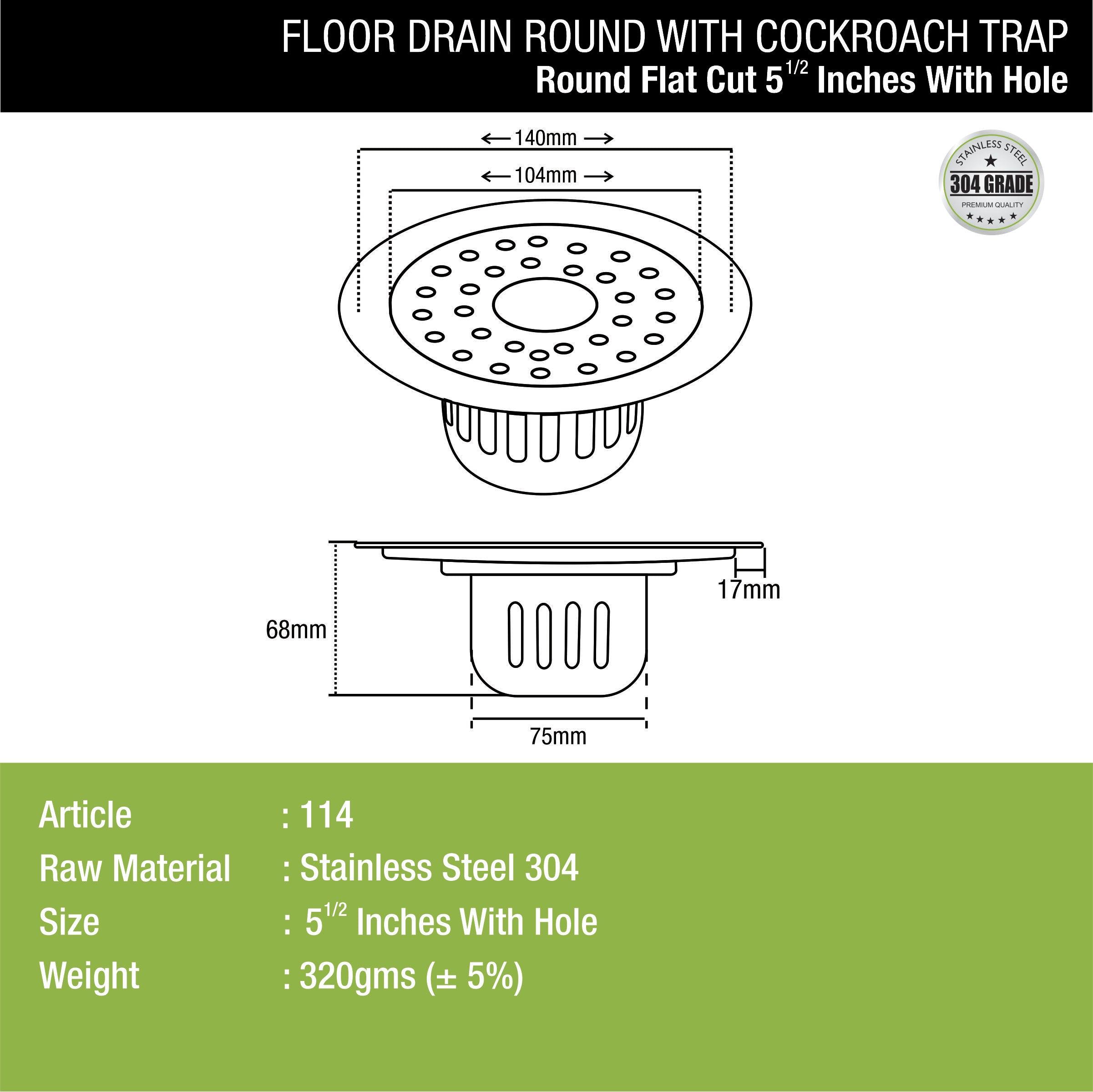 Round Flat Cut Floor Drain (5.5 inches) with Cockroach Trap & Hole dimensions and sizes