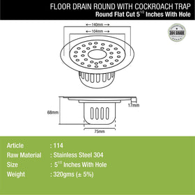 Round Flat Cut Floor Drain (5.5 inches) with Cockroach Trap & Hole - LIPKA - Lipka Home