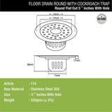 Round Flat Cut Floor Drain (5.5 inches) with Cockroach Trap & Hole dimensions and sizes