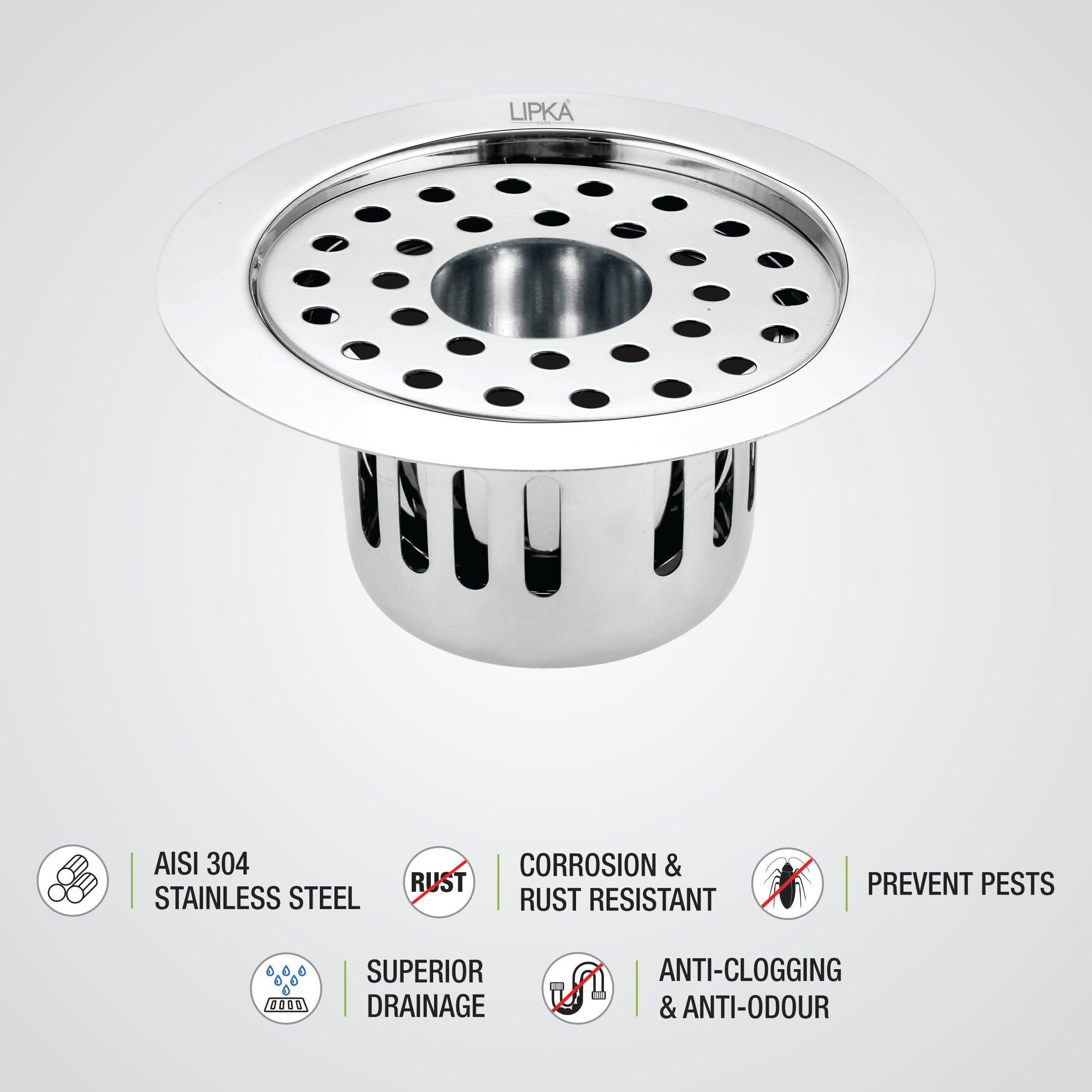 Round Flat Cut Floor Drain (5.5 inches) with Cockroach Trap & Hole features