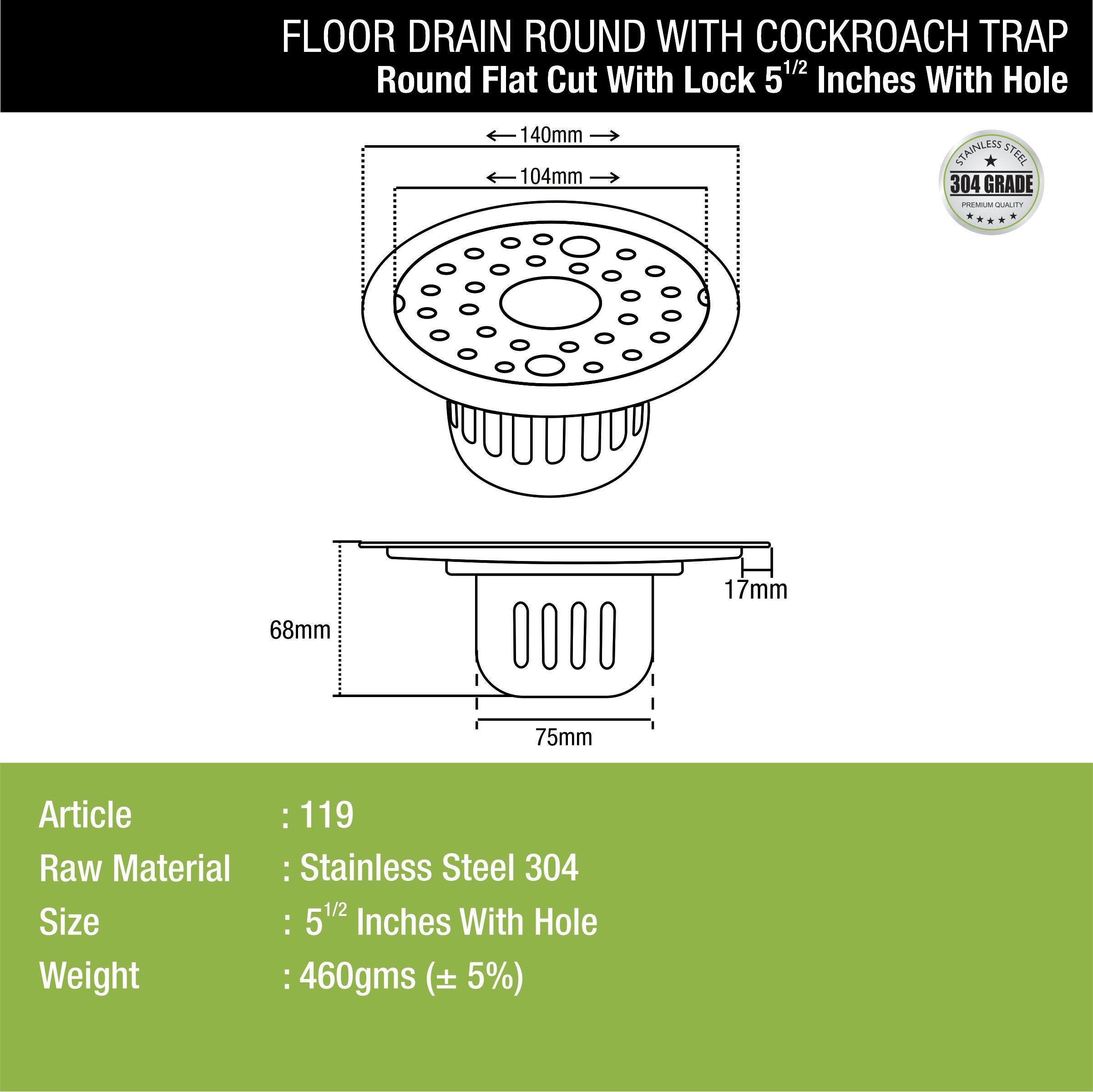 Round Flat Cut Floor Drain (5.5 inches) with Lock, Hole and Cockroach Trap dimensions and sizes