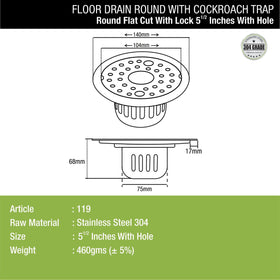 Round Flat Cut Floor Drain (5.5 inches) with Lock, Hole and Cockroach Trap - LIPKA - Lipka Home