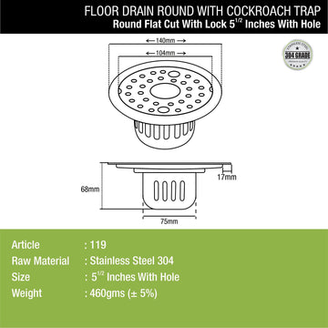 Round Flat Cut Floor Drain (5.5 inches) with Lock, Hole and Cockroach Trap - LIPKA - Lipka Home