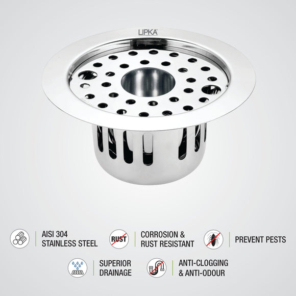 Round Flat Cut Floor Drain (5.5 inches) with Lock, Hole and Cockroach Trap - LIPKA - Lipka Home