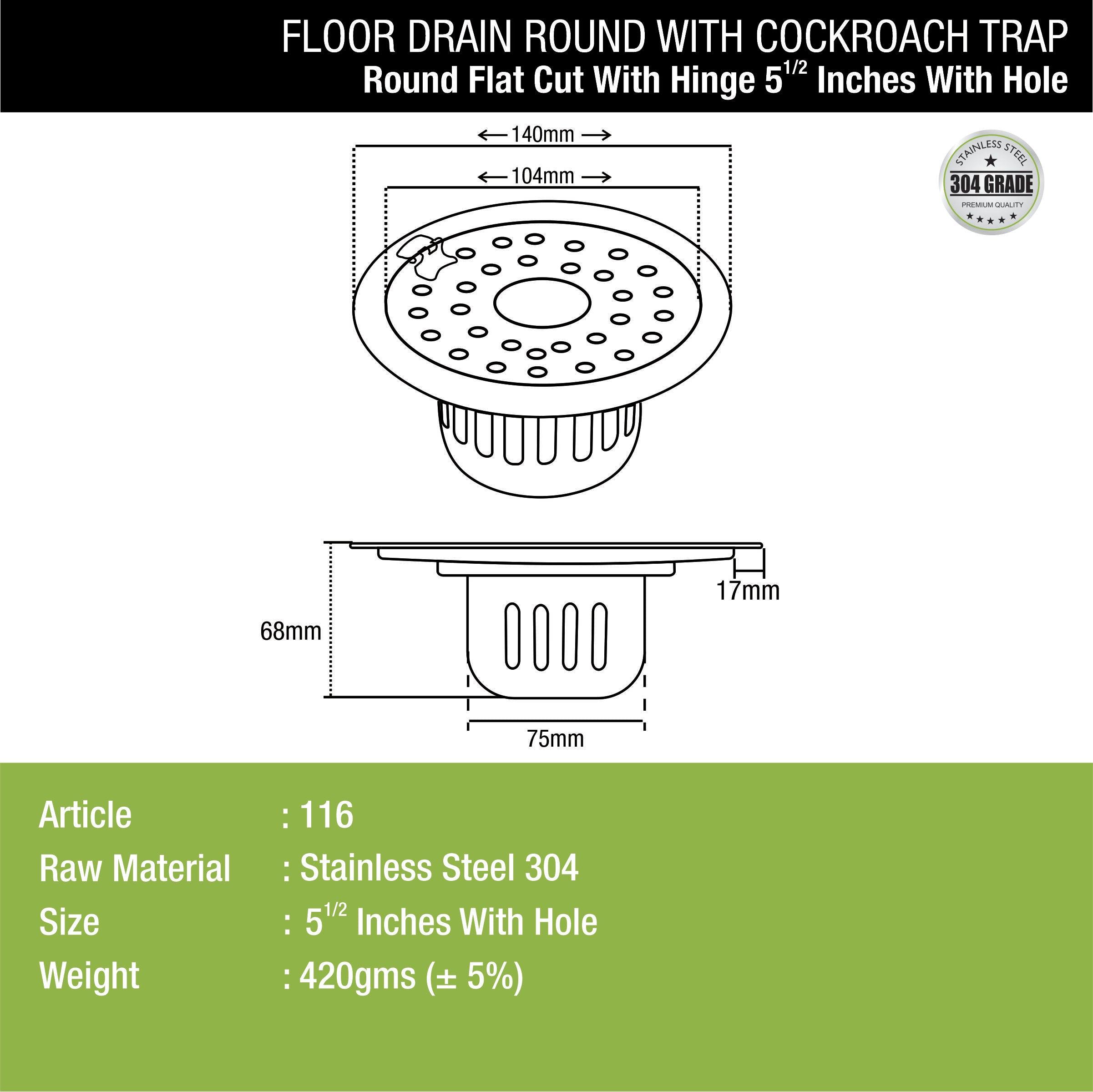 Round Flat Cut Floor Drain (5.5 inches) with Hinge, Hole & Cockroach Trap dimensions and sizes