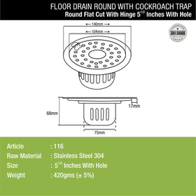 Round Flat Cut Floor Drain (5.5 inches) with Hinge, Hole & Cockroach Trap - LIPKA - Lipka Home