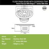 Round Flat Cut Floor Drain (5.5 inches) with Hinge, Hole & Cockroach Trap dimensions and sizes