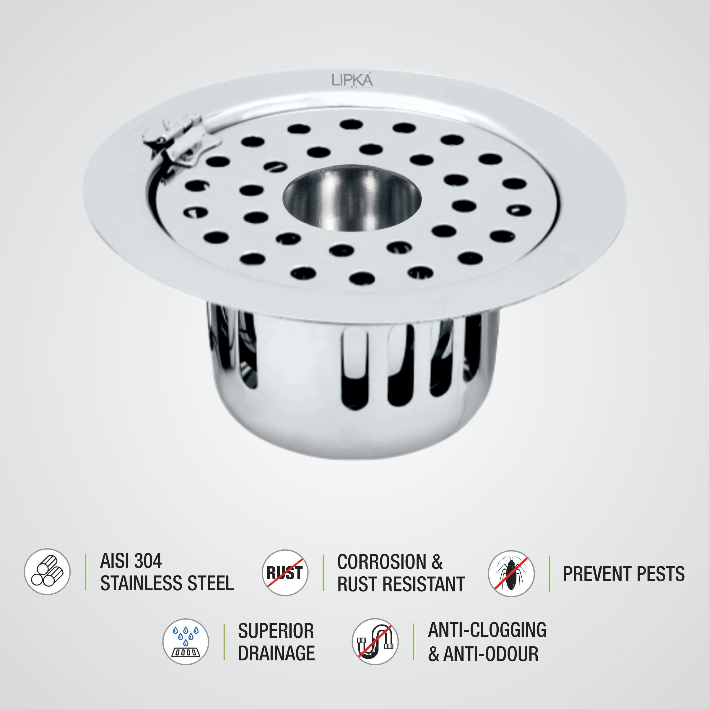 Round Flat Cut Floor Drain (5.5 inches) with Hinge, Hole & Cockroach Trap features