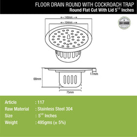 Round Flat Cut Floor Drain (5.5 inches) with Cockroach Trap & Lid - LIPKA - Lipka Home
