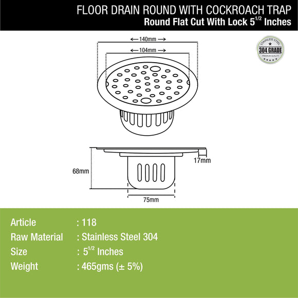 Round Flat Cut Floor Drain (5.5 inches) with Lock & Cockroach Trap - LIPKA - Lipka Home