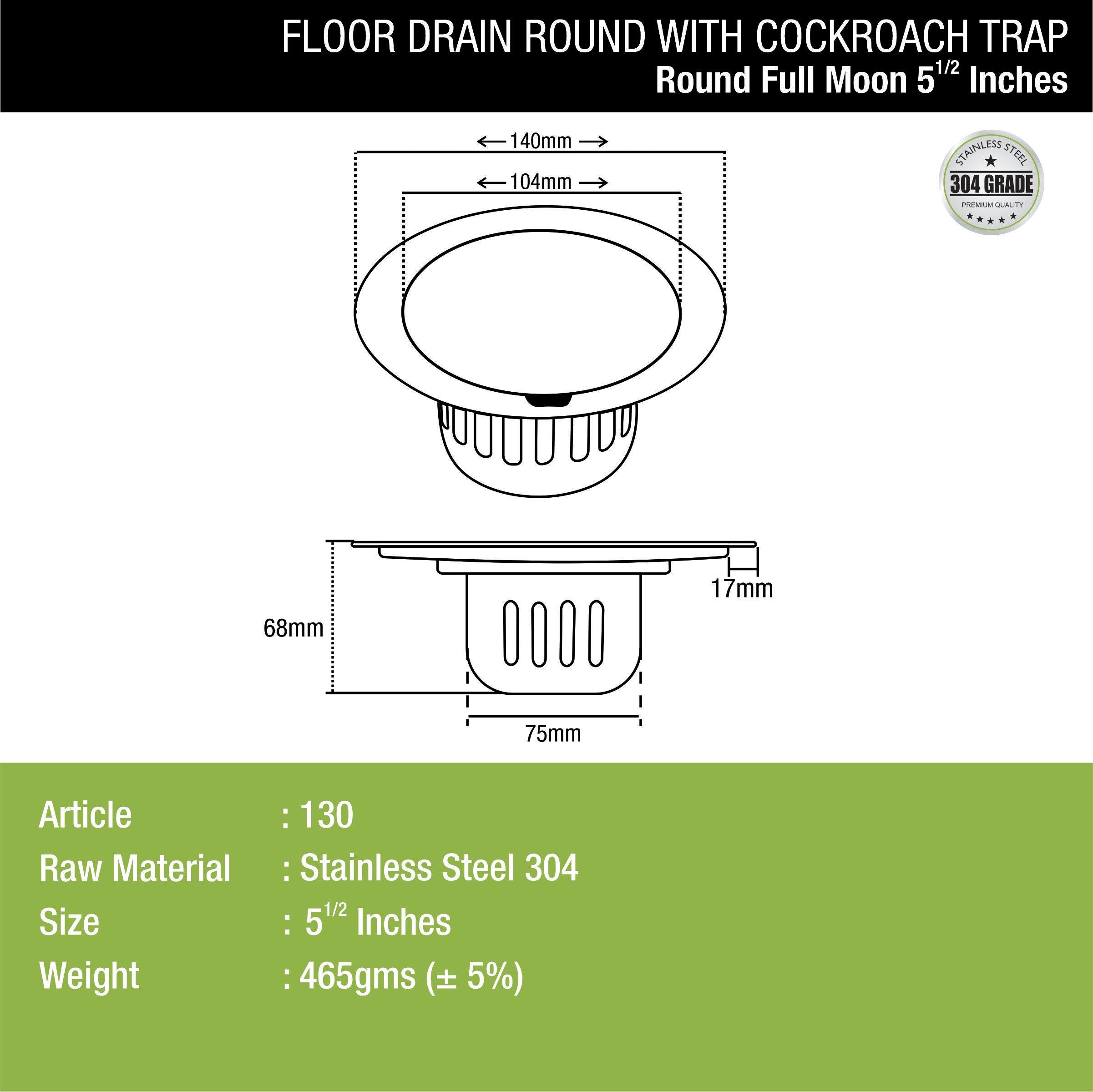 Full Moon Round Floor Drain (5.5 inches) with Cockroach Trap dimensions and sizes