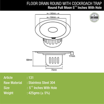 Full Moon Round Floor Drain (5.5 inches) With Hole and Cockroach Trap - LIPKA - Lipka Home