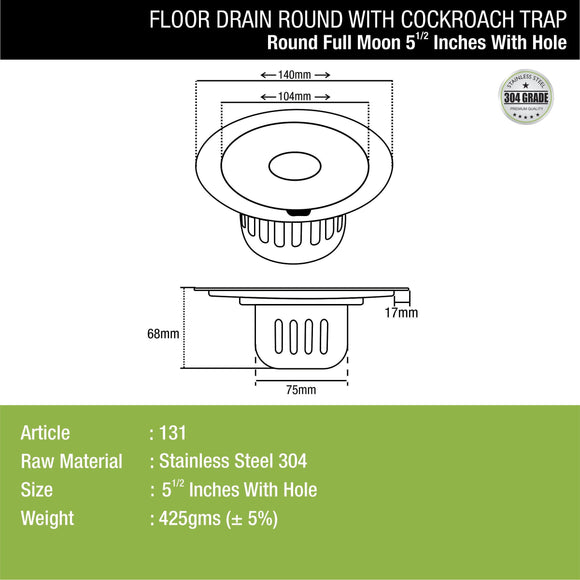 Full Moon Round Floor Drain (5.5 inches) With Hole and Cockroach Trap - LIPKA - Lipka Home