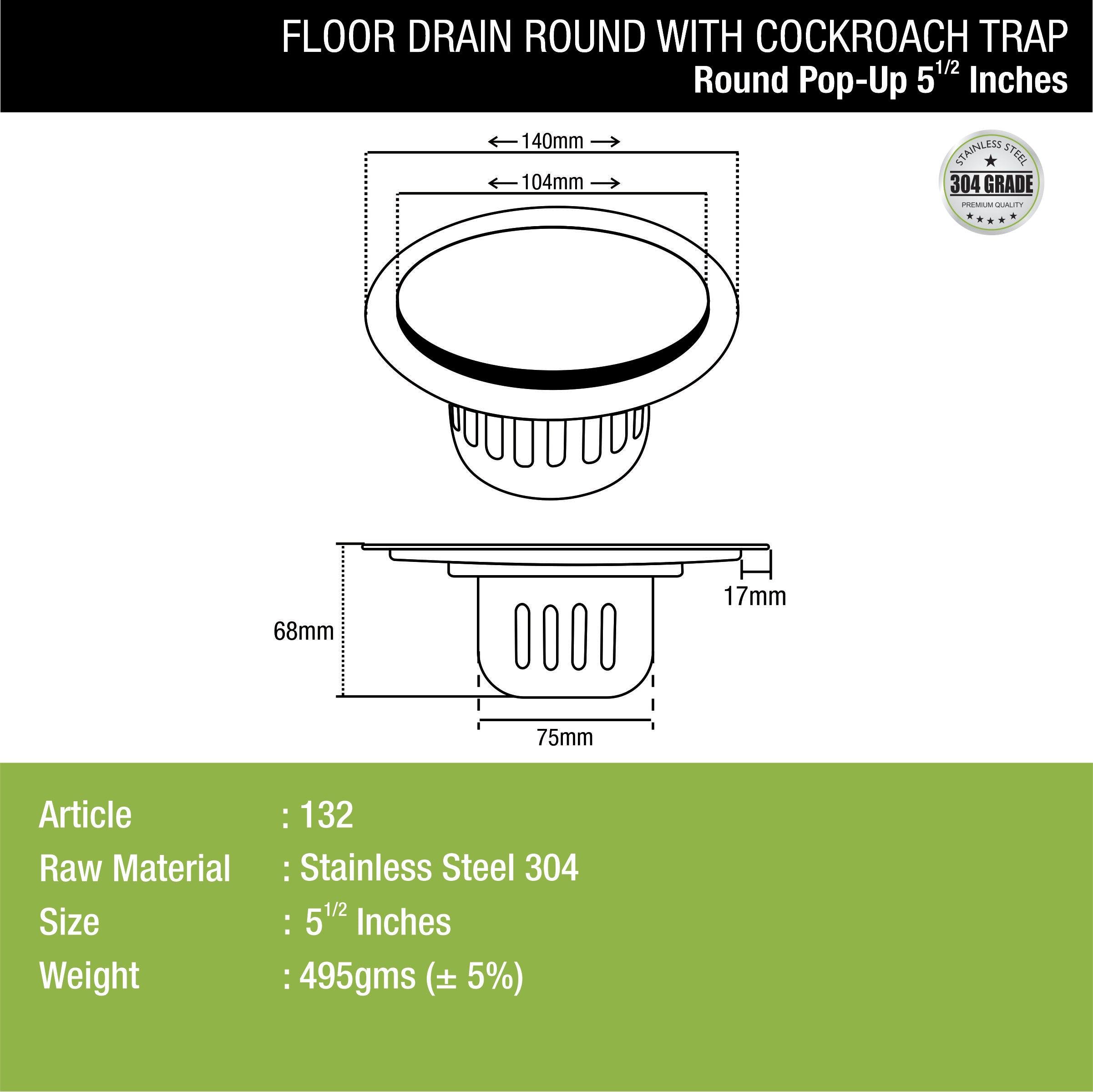 Pop-Up Round Floor Drain (5.5 inches) with Cockroach Trap dimensions and sizes