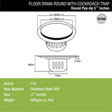 Pop-Up Round Floor Drain (5.5 inches) with Cockroach Trap dimensions and sizes