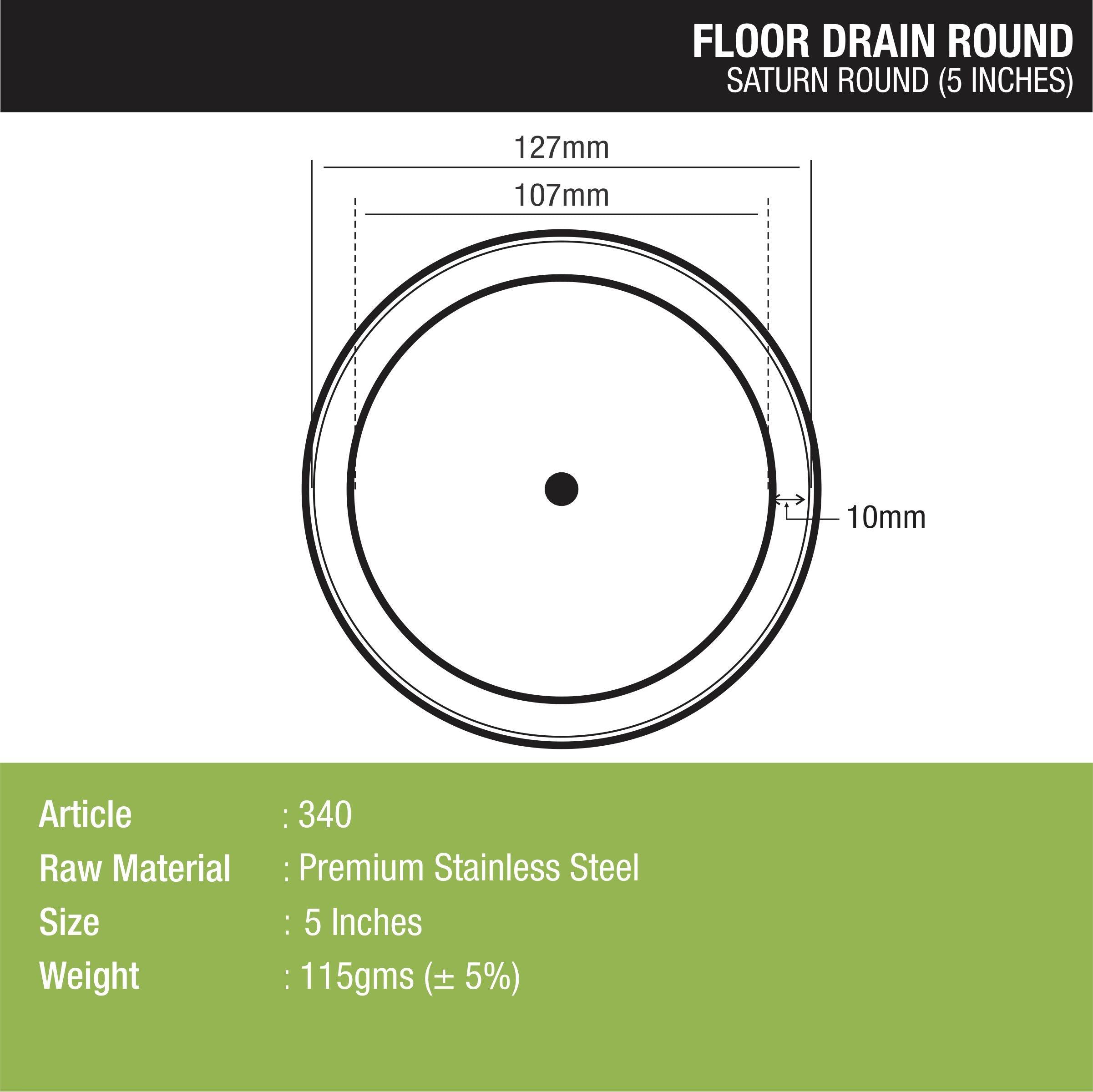 Saturn Round Floor Drain (5 inches) dimensions and sizes