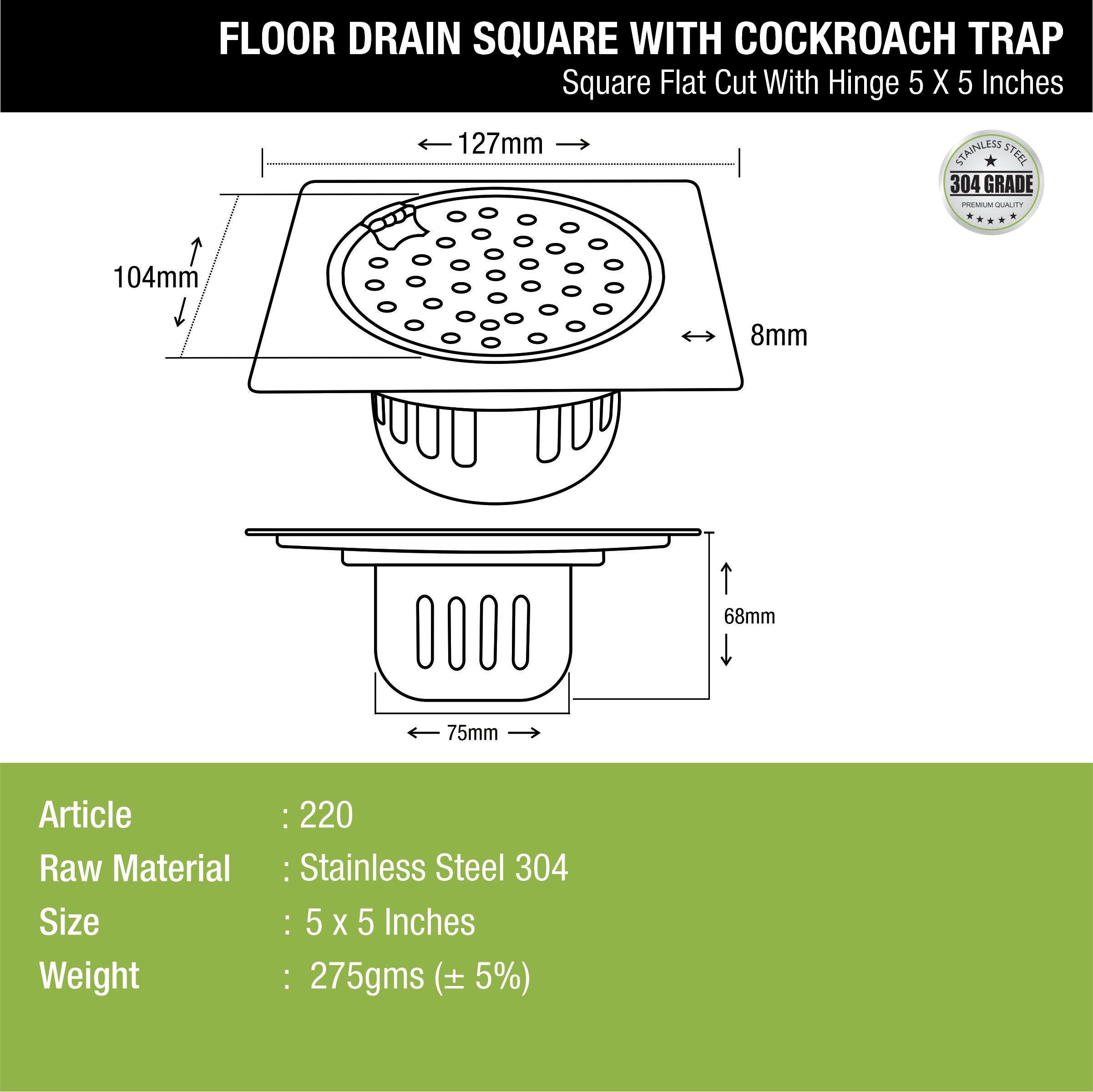 Square Flat Cut Floor Drain (5 x 5 Inches) with Hinge and Cockroach Trap dimensions and sizes