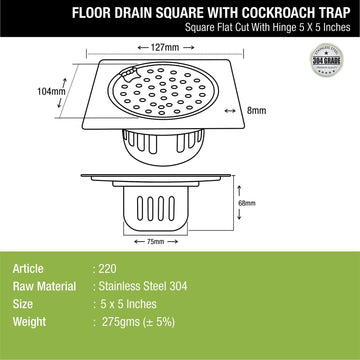 Square Flat Cut Floor Drain (5 x 5 Inches) with Hinge and Cockroach Trap - LIPKA - Lipka Home