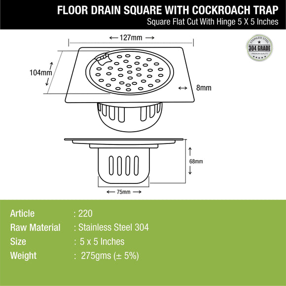 Square Flat Cut Floor Drain (5 x 5 Inches) with Hinge and Cockroach Trap - LIPKA - Lipka Home