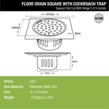 Square Flat Cut Floor Drain (5 x 5 Inches) with Hinge and Cockroach Trap dimensions and sizes