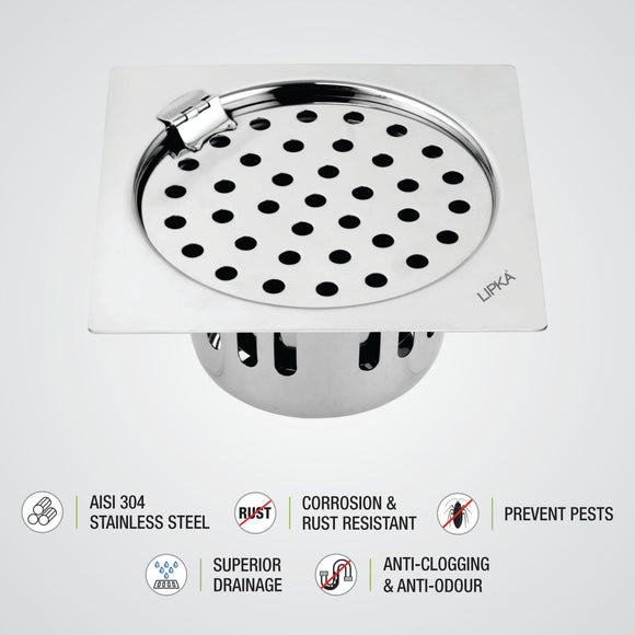 Square Flat Cut Floor Drain (5 x 5 Inches) with Hinge and Cockroach Trap - LIPKA - Lipka Home