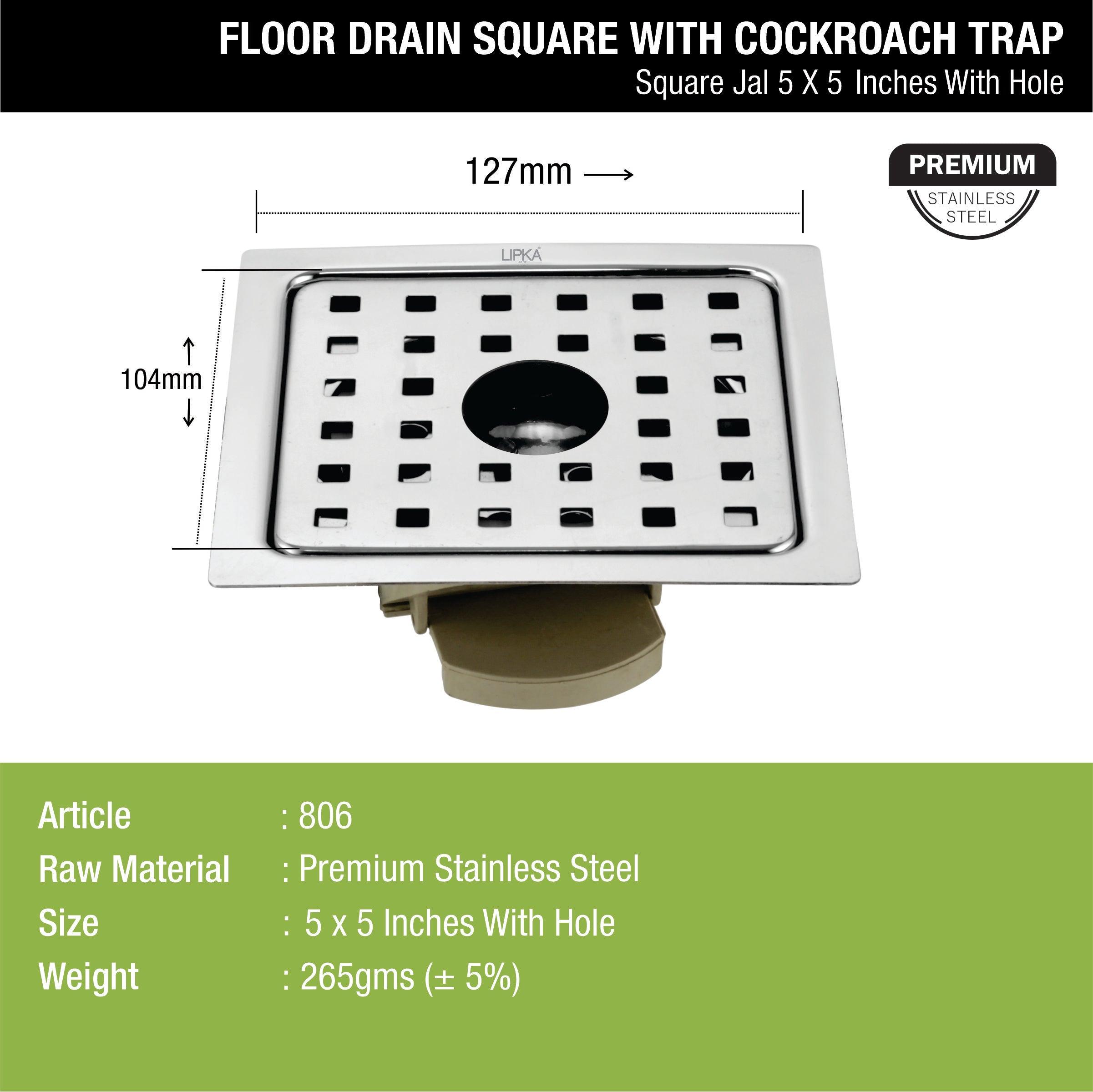 Square Jal Floor Drain (5 x 5 Inches) with Hole and Wide PVC Cockroach Trap - LIPKA - Lipka Home