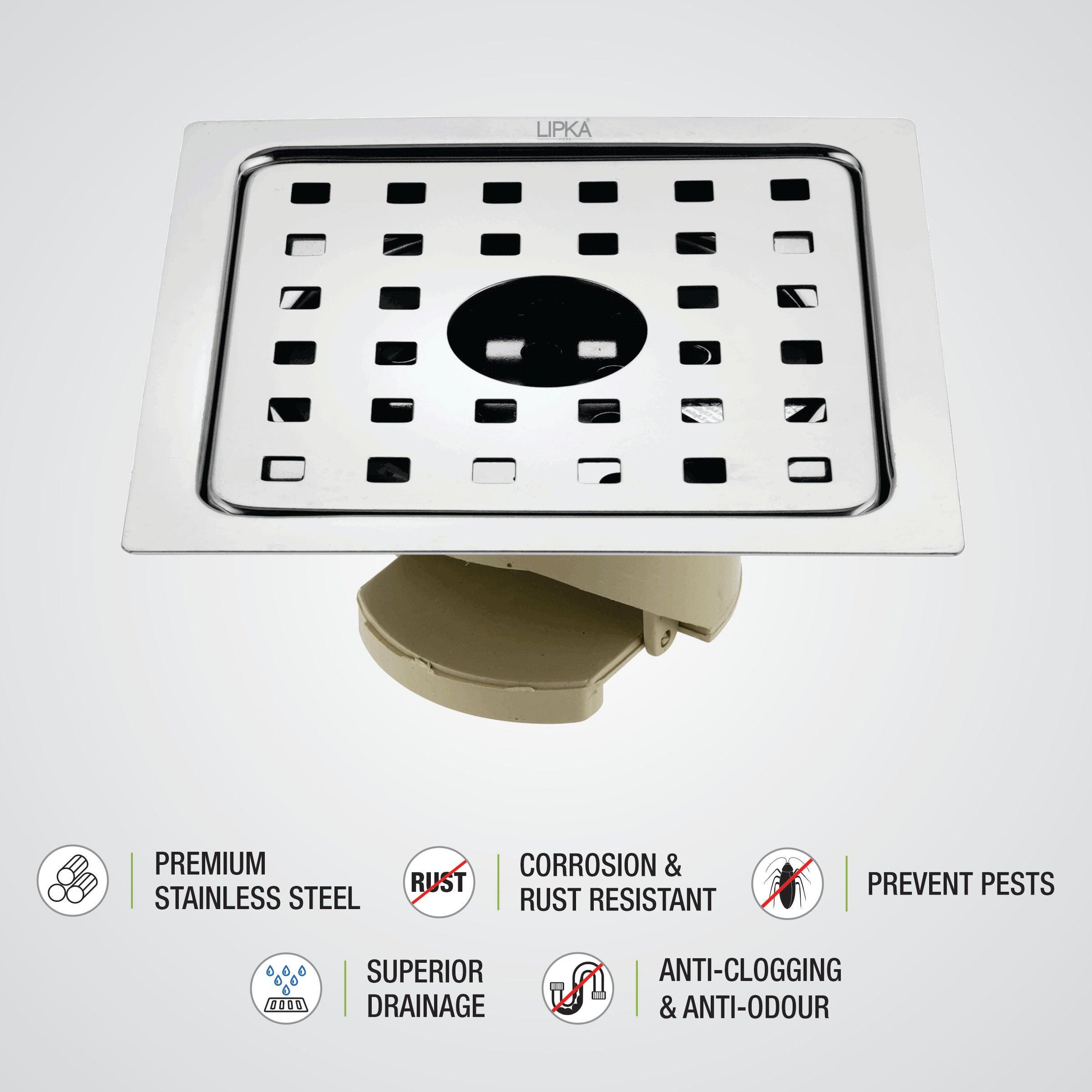 Square Jal Floor Drain (5 x 5 Inches) with Hole and Wide PVC Cockroach Trap - LIPKA - Lipka Home