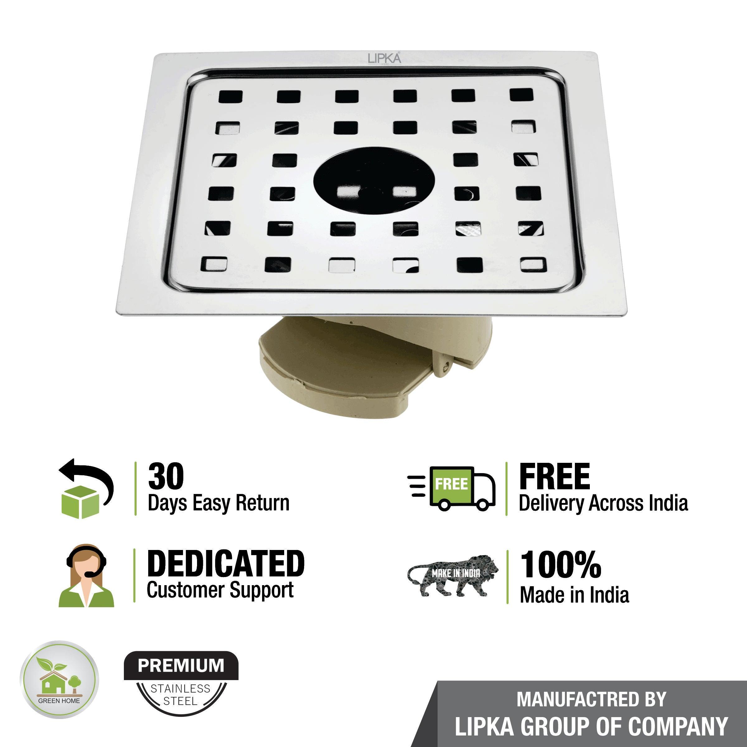 Square Jal Floor Drain (5 x 5 Inches) with Hole and Wide PVC Cockroach Trap - LIPKA - Lipka Home