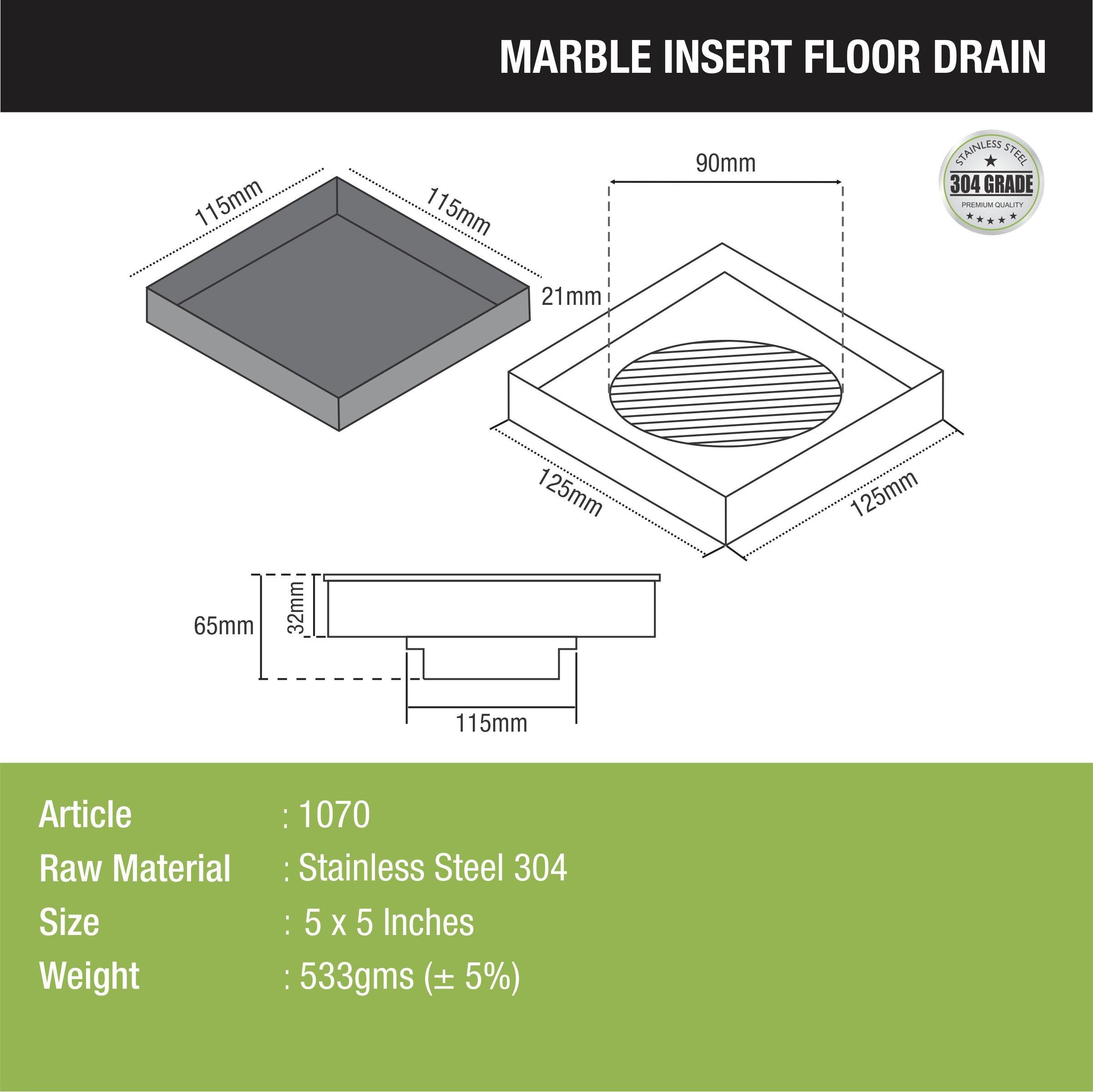 Marble Insert Floor Drain (5 x 5 Inches) dimensions and sizes