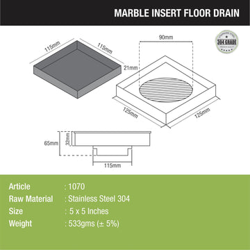 Marble Insert Floor Drain (5 x 5 Inches) - LIPKA - Lipka Home