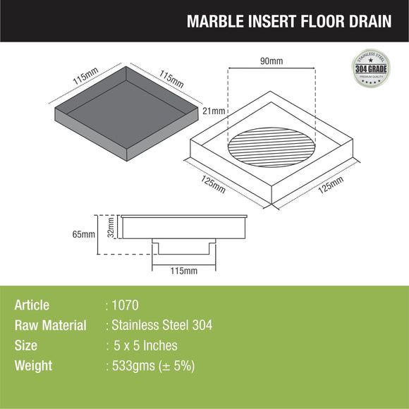 Marble Insert Floor Drain (5 x 5 Inches) - LIPKA - Lipka Home