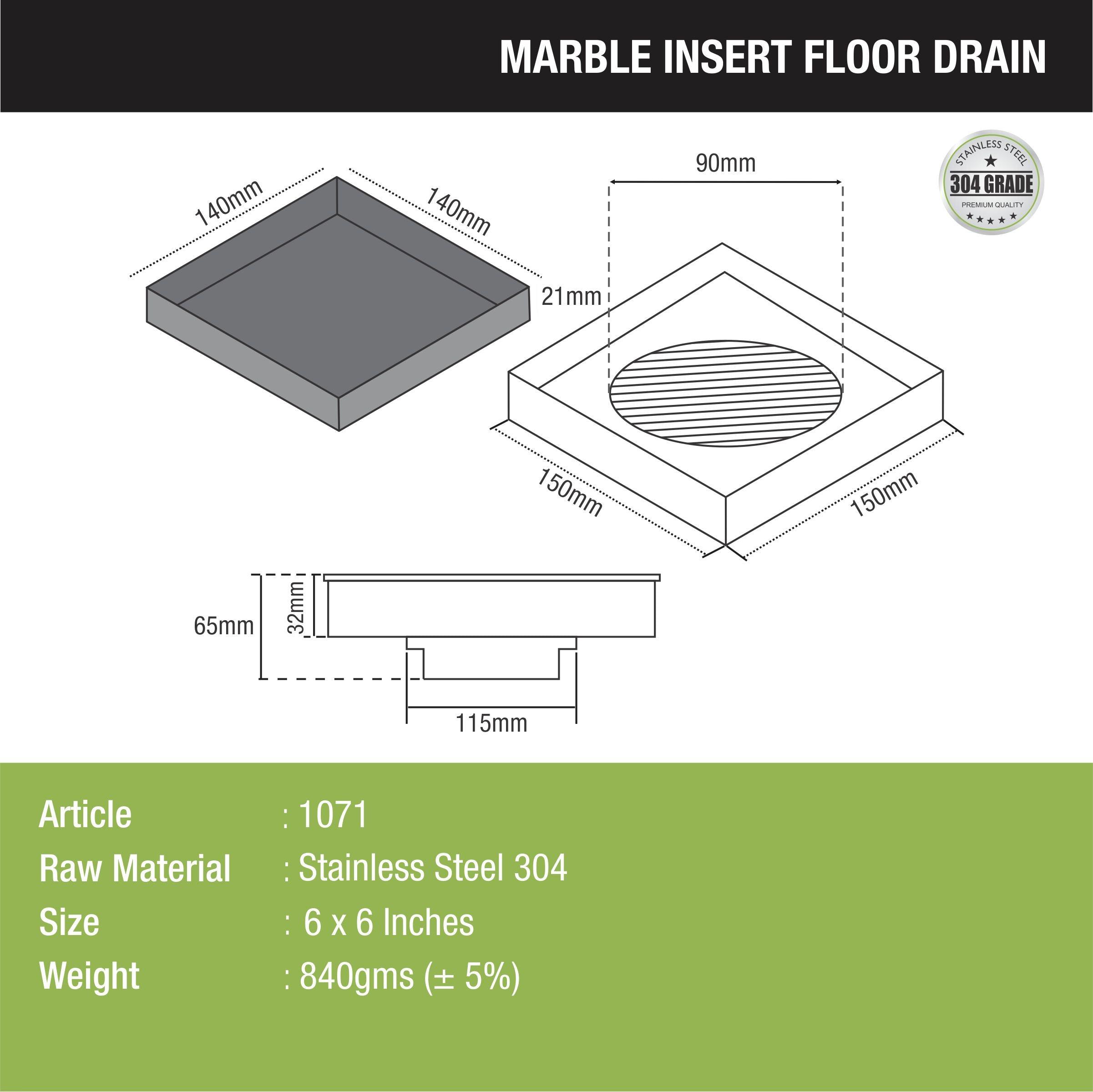 Marble Insert Floor Drain (6 x 6 Inches) dimensions and sizes
