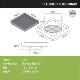 Tile Insert Floor Drain (12 x 12 Inches) - LIPKA - Lipka Home