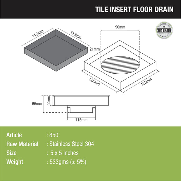 Tile Insert Floor Drain (5 x 5 Inches) - LIPKA - Lipka Home